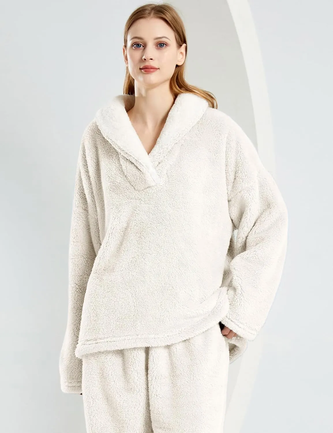 Yimoon Womens Winter Fluffy Pajama Set Fleece Pullover Loose Plush Lounge Sets Sleepwear Fuzzy 2 Piece Pjs Set