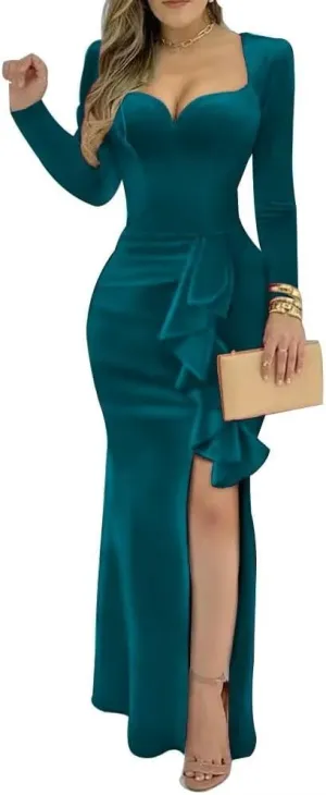 YUAOHUANG Long Sleeve Velvet Formal Dress for Women 2025 Mermaid Bodycon High Split Long Velvet Cocktail Party Dresses