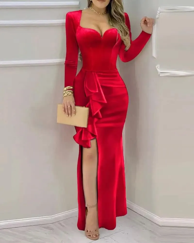 YUAOHUANG Long Sleeve Velvet Formal Dress for Women 2025 Mermaid Bodycon High Split Long Velvet Cocktail Party Dresses