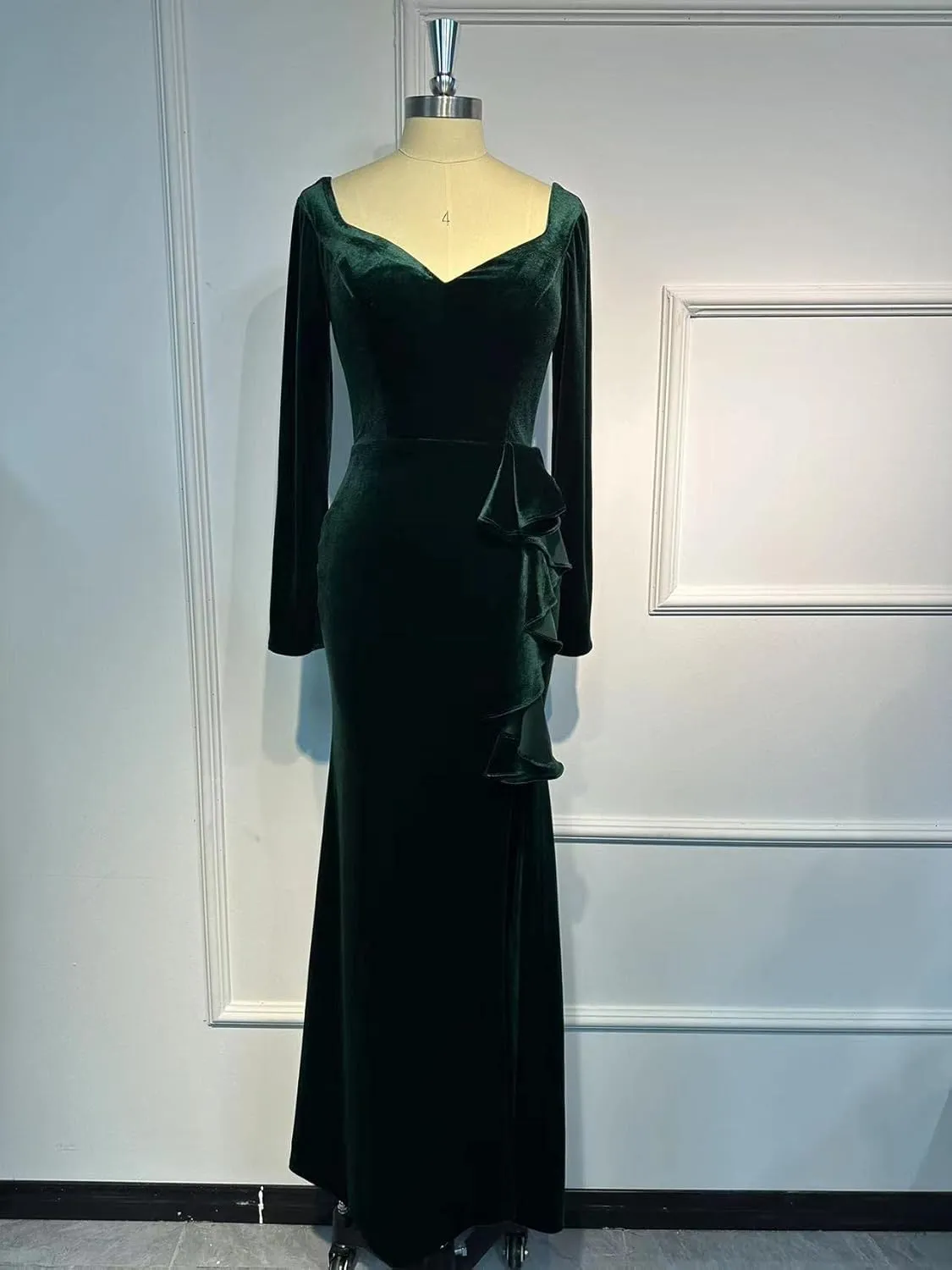 YUAOHUANG Long Sleeve Velvet Formal Dress for Women 2025 Mermaid Bodycon High Split Long Velvet Cocktail Party Dresses