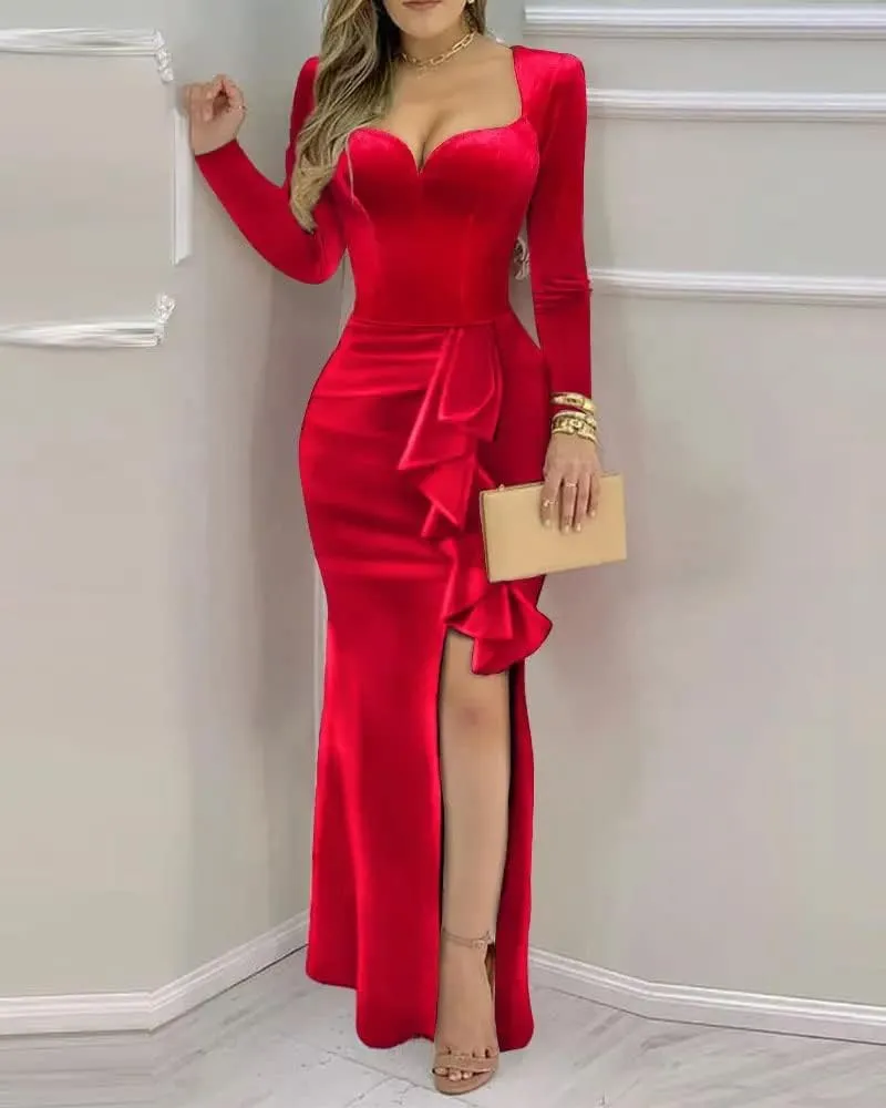 YUAOHUANG Long Sleeve Velvet Formal Dress for Women 2025 Mermaid Bodycon High Split Long Velvet Cocktail Party Dresses