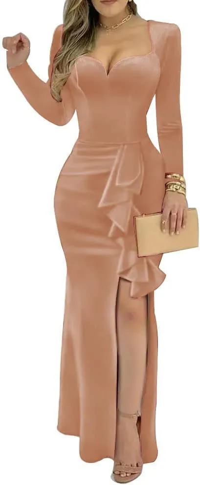 YUAOHUANG Long Sleeve Velvet Formal Dress for Women 2025 Mermaid Bodycon High Split Long Velvet Cocktail Party Dresses