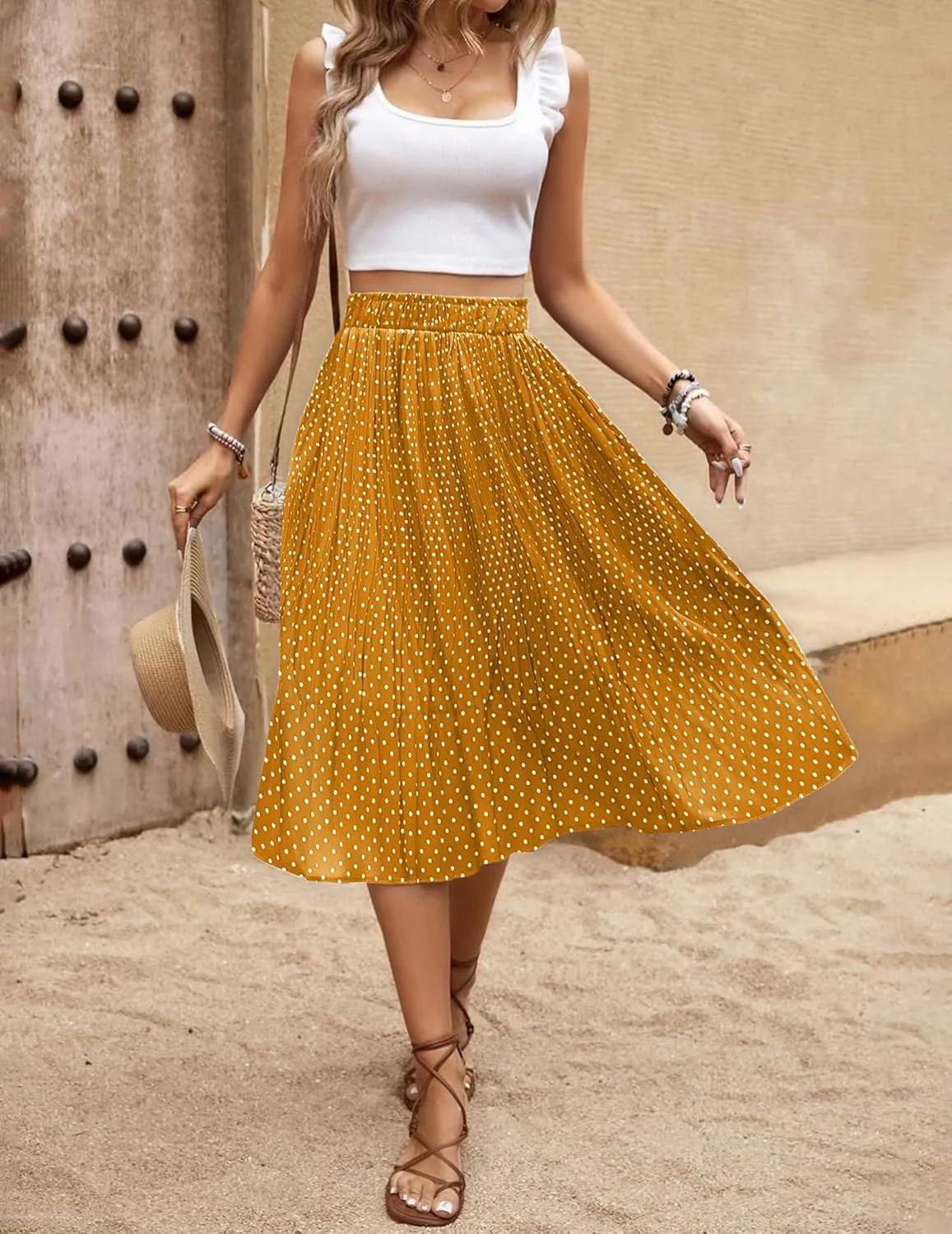 Zeagoo Women's Midi Skirts High Waisted Pleated A-Line Swing Skirts Summer Floral Long Skirts with Pockets