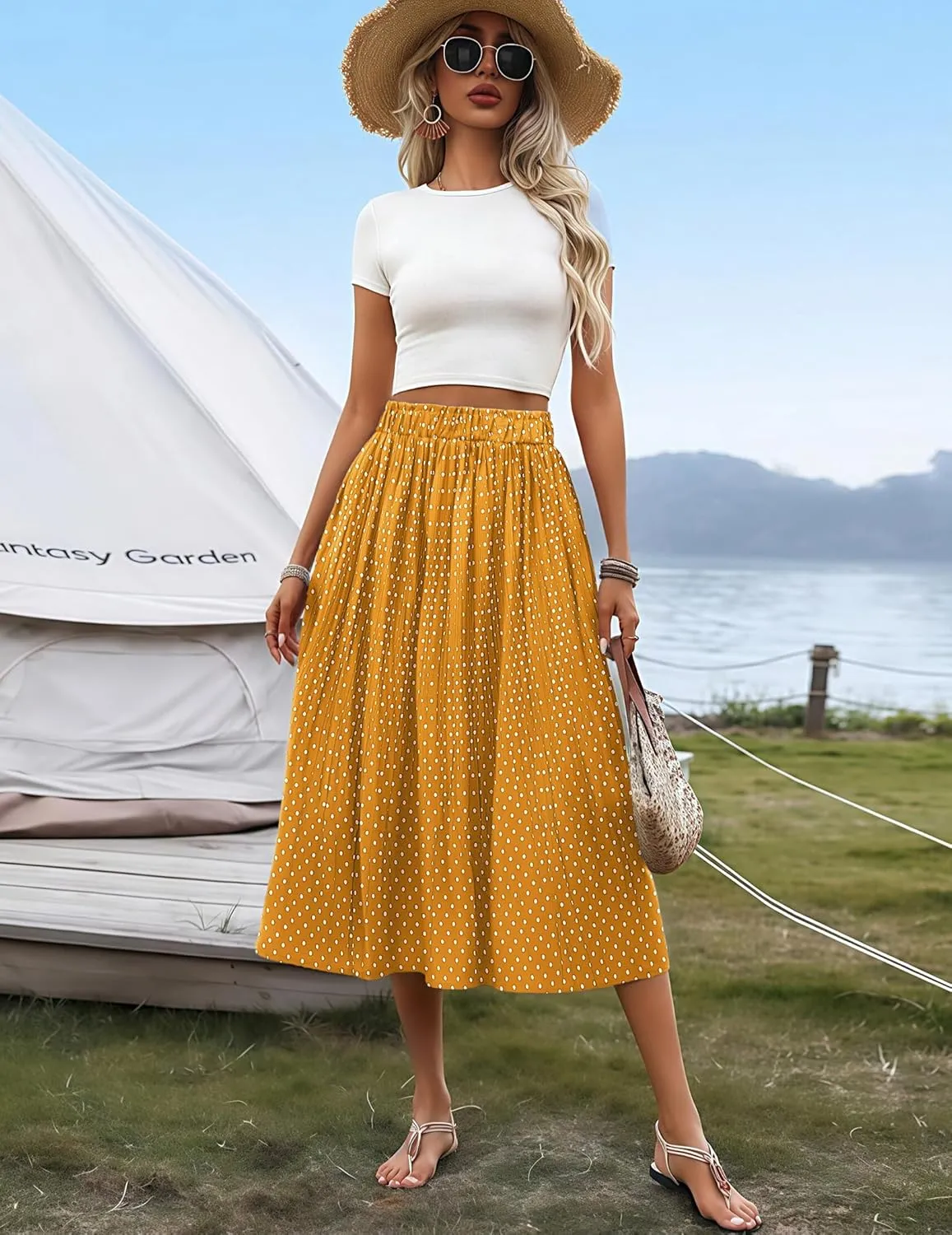 Zeagoo Women's Midi Skirts High Waisted Pleated A-Line Swing Skirts Summer Floral Long Skirts with Pockets