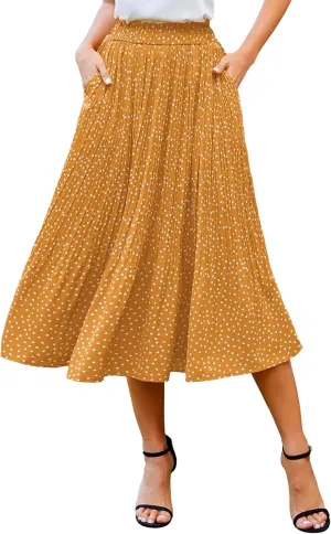 Zeagoo Women's Midi Skirts High Waisted Pleated A-Line Swing Skirts Summer Floral Long Skirts with Pockets