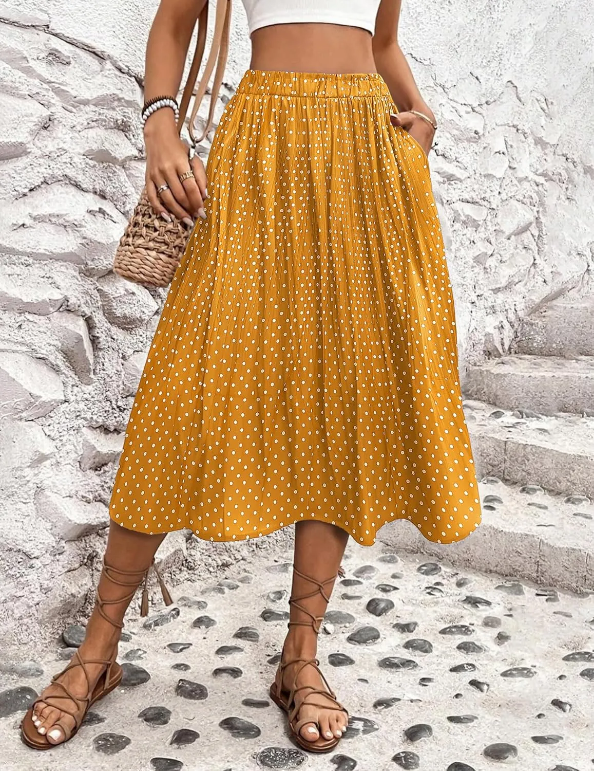 Zeagoo Women's Midi Skirts High Waisted Pleated A-Line Swing Skirts Summer Floral Long Skirts with Pockets