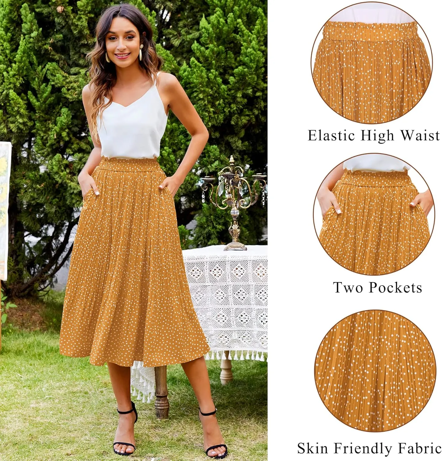 Zeagoo Women's Midi Skirts High Waisted Pleated A-Line Swing Skirts Summer Floral Long Skirts with Pockets