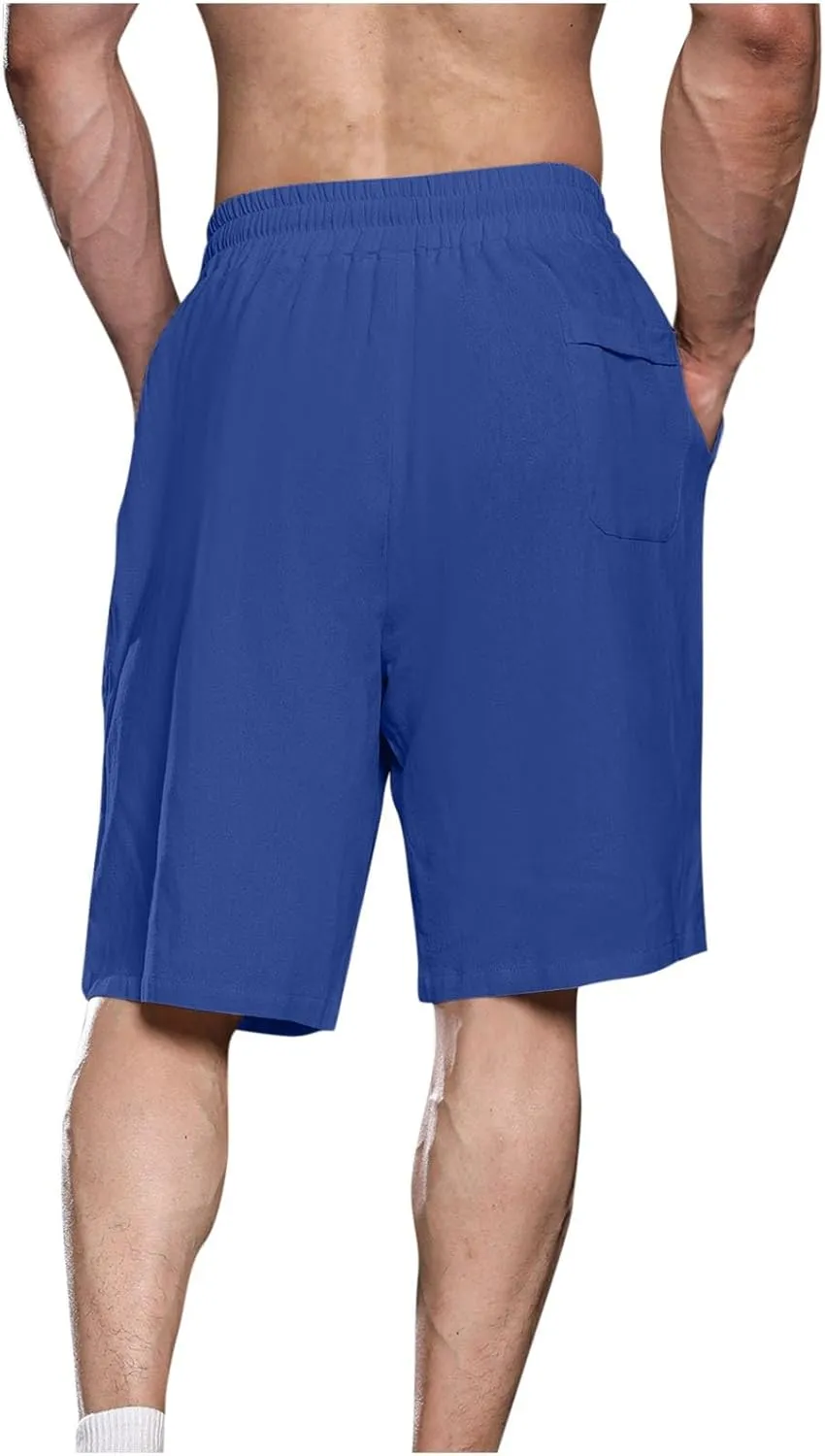 Zeiyignr Men's Cotton Linen Shorts Casual Elastic Waist Drawstring Summer Beach Shorts Solid Bermuda Shorts Athletic Shorts