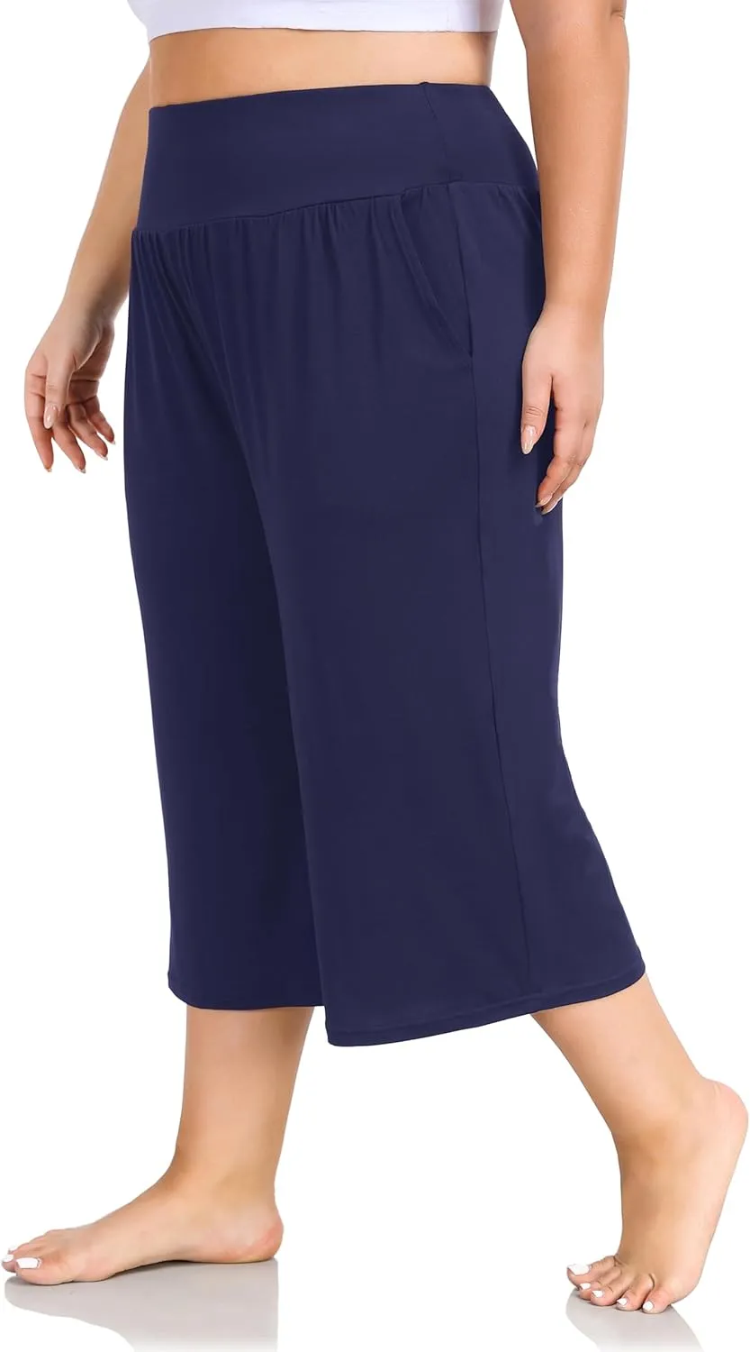 ZERDOCEAN Women's Plus Size Wide Leg Capris High Waist Yoga Pants Casual Loose Lounge Pants with Pockets