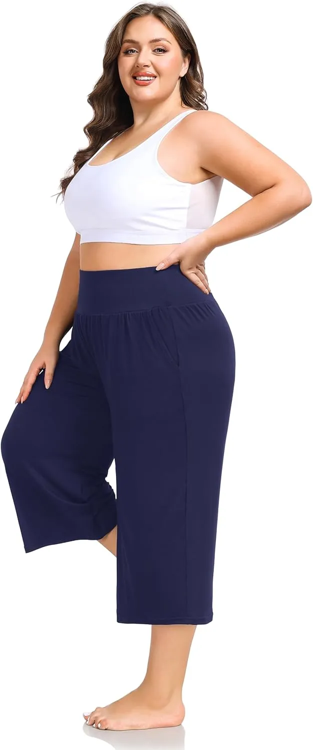 ZERDOCEAN Women's Plus Size Wide Leg Capris High Waist Yoga Pants Casual Loose Lounge Pants with Pockets