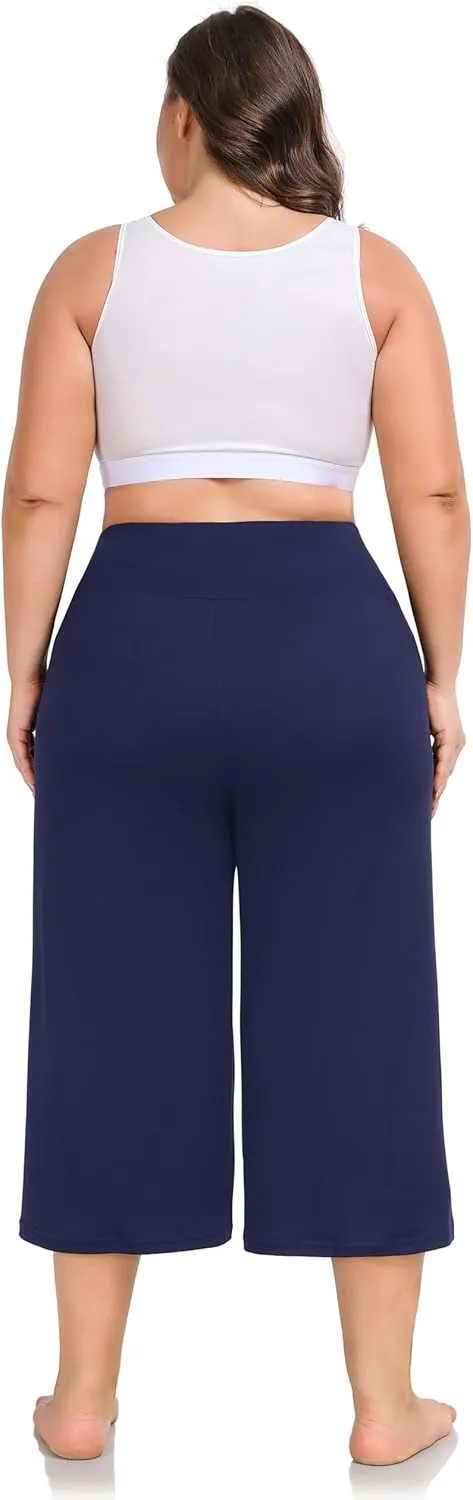 ZERDOCEAN Women's Plus Size Wide Leg Capris High Waist Yoga Pants Casual Loose Lounge Pants with Pockets