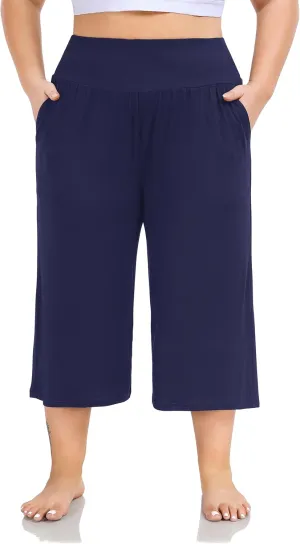 ZERDOCEAN Women's Plus Size Wide Leg Capris High Waist Yoga Pants Casual Loose Lounge Pants with Pockets