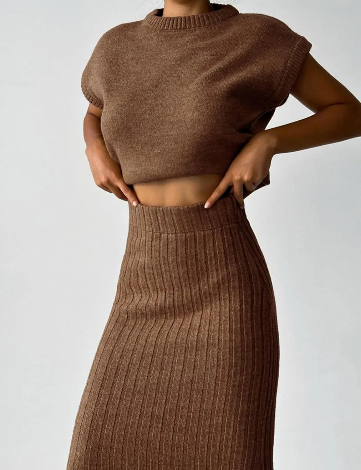 Zhiyouni Women's 2 Piece Sweater Sets Outfits Knit Vest Pullover Bodycon Maxi Skirts Loungewear