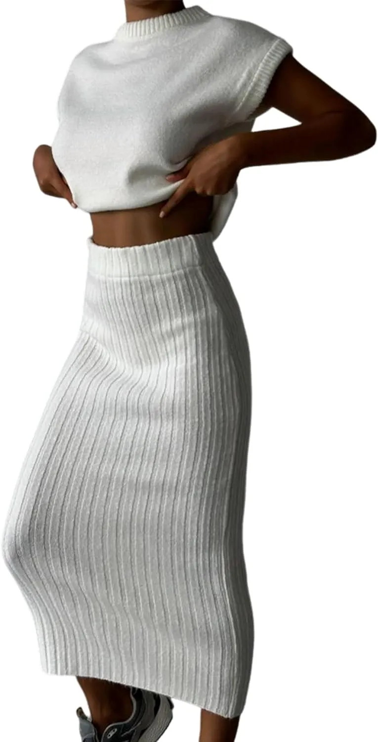 Zhiyouni Women's 2 Piece Sweater Sets Outfits Knit Vest Pullover Bodycon Maxi Skirts Loungewear