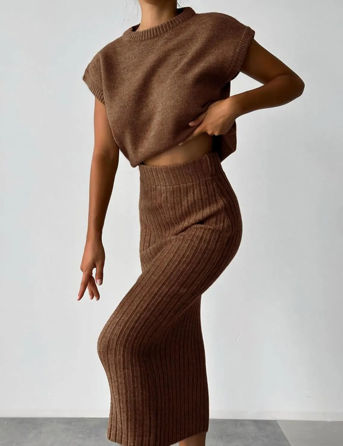 Zhiyouni Women's 2 Piece Sweater Sets Outfits Knit Vest Pullover Bodycon Maxi Skirts Loungewear