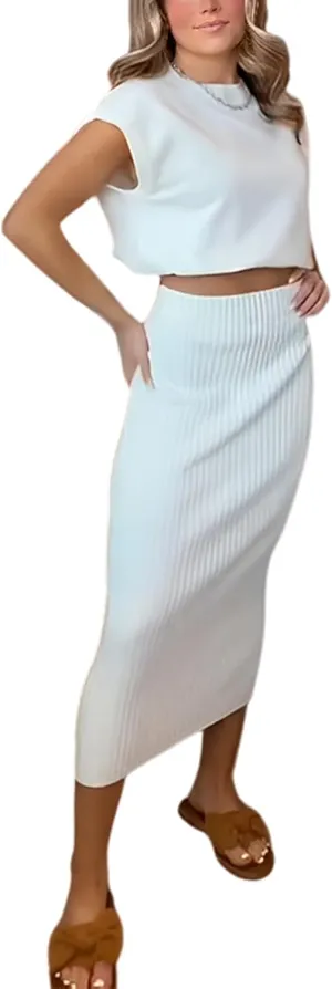 Zhiyouni Women's 2 Piece Sweater Sets Outfits Knit Vest Pullover Bodycon Maxi Skirts Loungewear