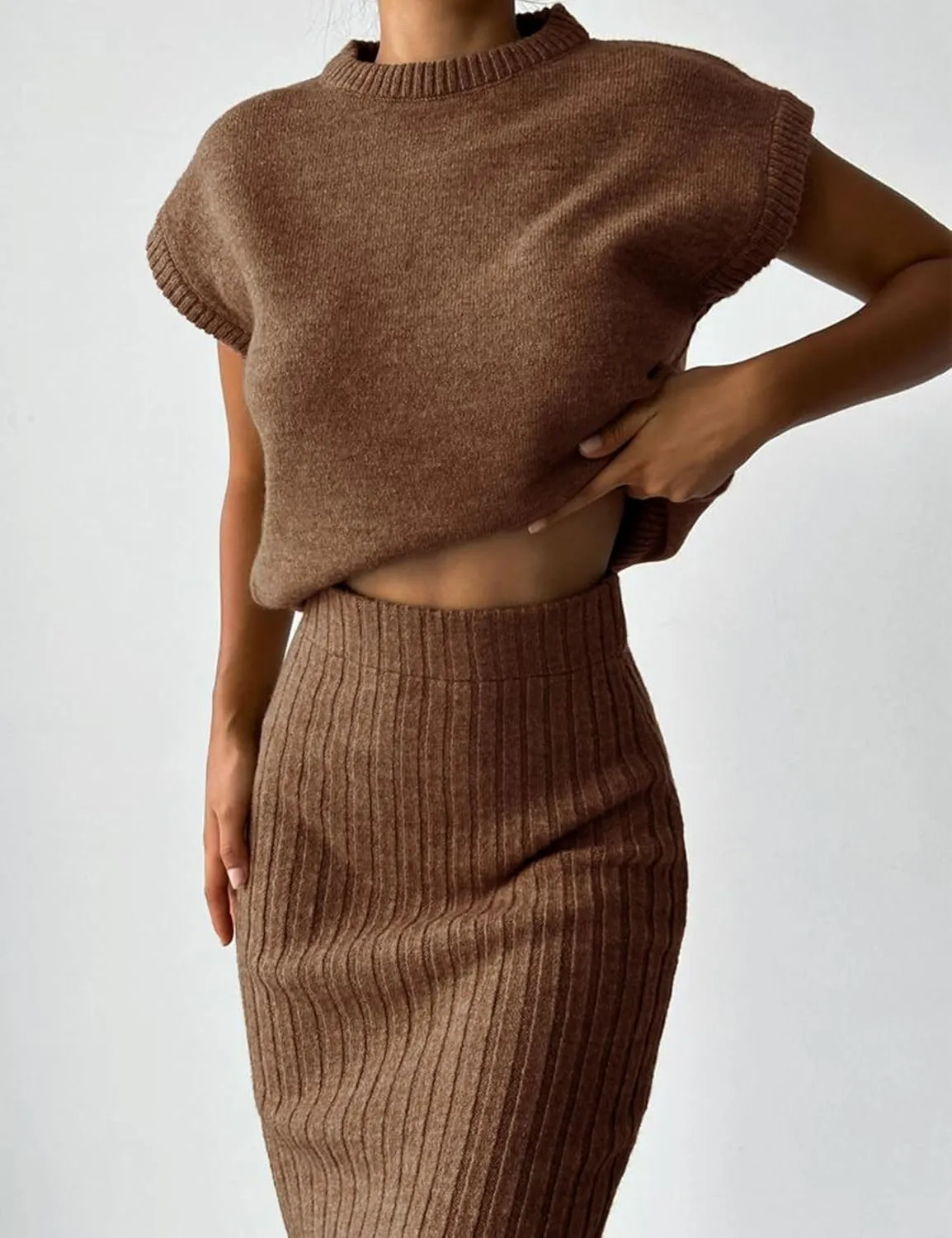 Zhiyouni Women's 2 Piece Sweater Sets Outfits Knit Vest Pullover Bodycon Maxi Skirts Loungewear