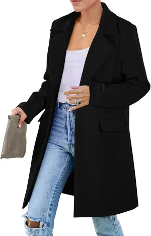 ZWRXW Women's Fall Long Blazer Jackets Single Button Wool Blend Overcoat Notch Lapel Loose Fit Work Casual Blazers Outerwear