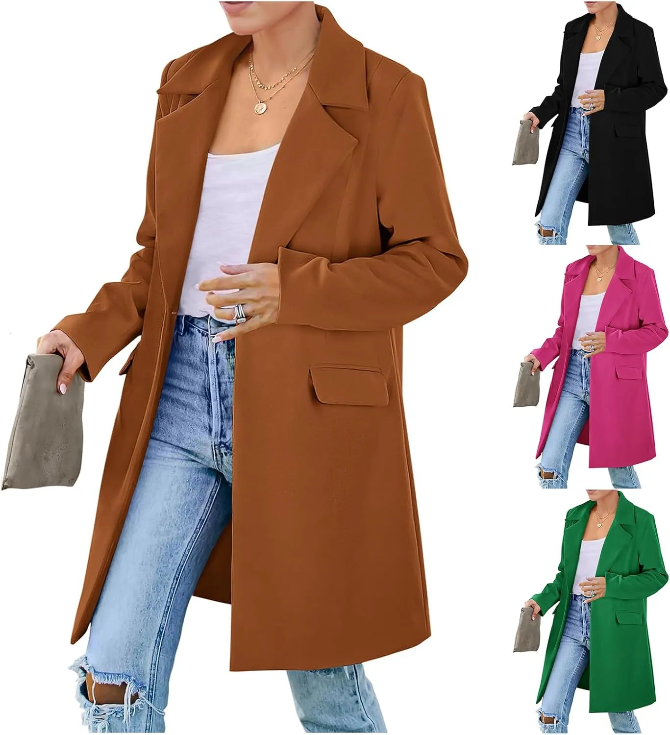ZWRXW Women's Fall Long Blazer Jackets Single Button Wool Blend Overcoat Notch Lapel Loose Fit Work Casual Blazers Outerwear
