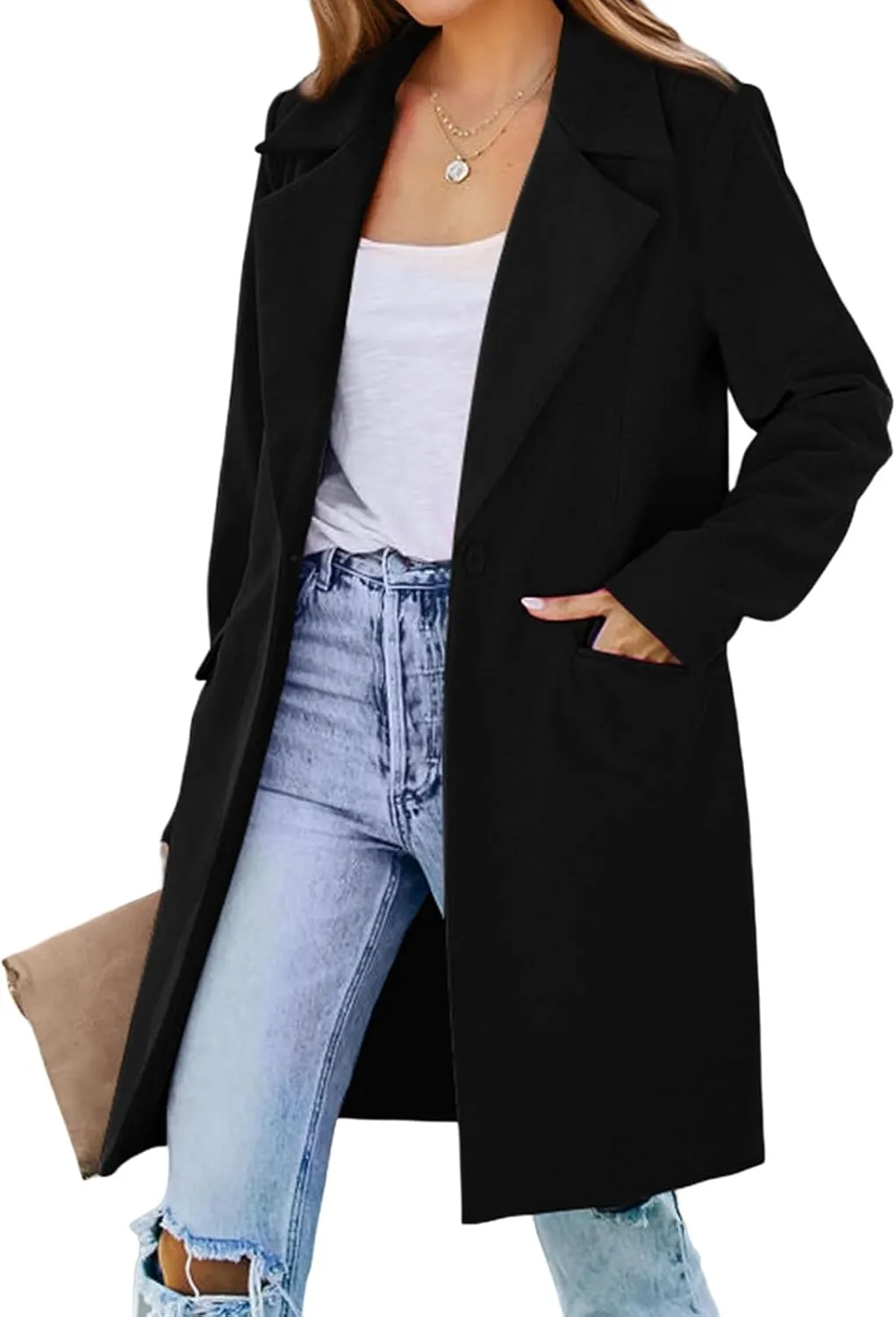 ZWRXW Women's Fall Long Blazer Jackets Single Button Wool Blend Overcoat Notch Lapel Loose Fit Work Casual Blazers Outerwear