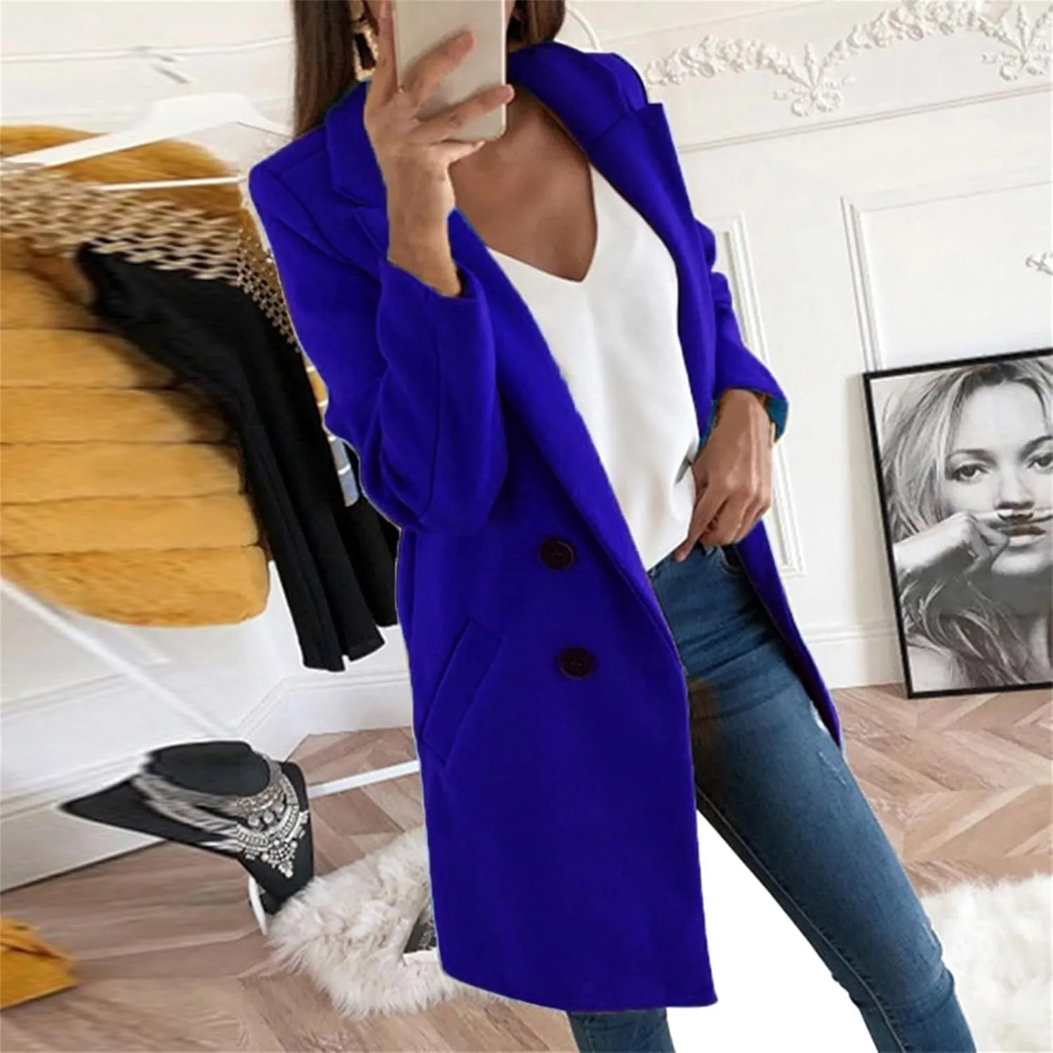 ZWRXW Women's Notch Lapel Mid Long Pea Coat Double Breasted Wool Blend Trench Coats Business Casual Outfits with Pockets