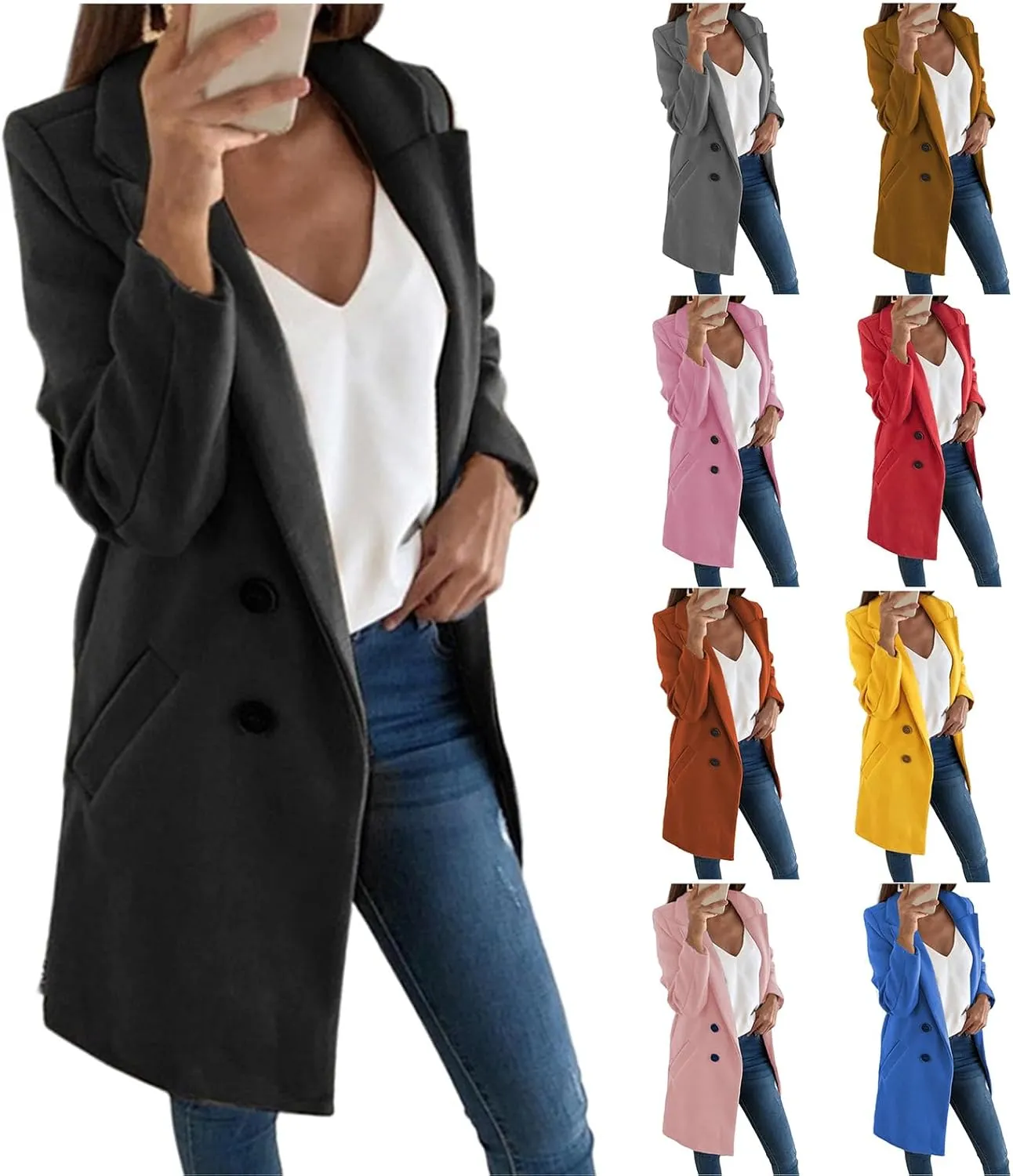 ZWRXW Women's Notch Lapel Mid Long Pea Coat Double Breasted Wool Blend Trench Coats Business Casual Outfits with Pockets
